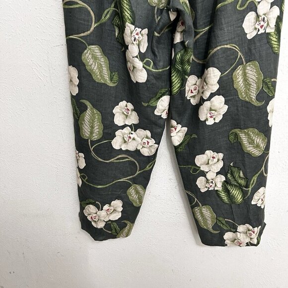 Silk Club Collection 100% Linen Crop Pants Green Floral Size 6 Fully Lined Zip - Picture 7 of 10